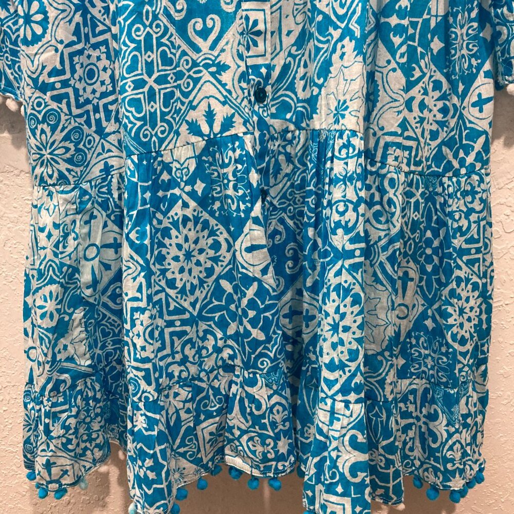 Siya Button up Dress Tiered Floral Beaded Pom Pom Hem Boho Cottagecore Blue L? - Picture 13 of 15